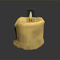 Burning Yellow Candle With Melted Wax Dripping And Flame On Dark Background 3d model