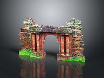 Ancient Stone Archway With Ruined Red Brick Walls And Green Grass Reflection 3d model