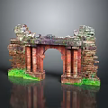 Ancient Stone Archway With Ruined Red Brick Walls And Green Grass Reflection