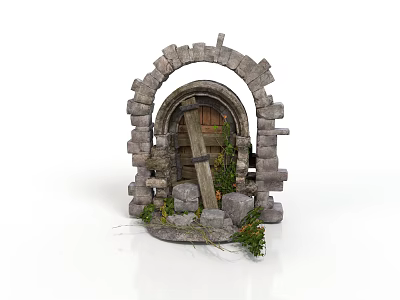 Medieval Stone Arch Structure With Wooden Door And Surrounding Stones And Green Plants 3d model