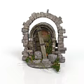 Medieval Stone Arch Structure With Wooden Door And Surrounding Stones And Green Plants