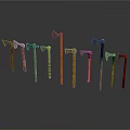 Various Axes With Different Heads And Wooden Handles Arranged In A Row