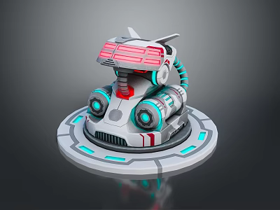 Futuristic Mechanical Robot Game and Movie Character with Glowing Red Blue Accents and Circular Base 3d model