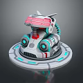 Futuristic Mechanical Robot Game and Movie Character with Glowing Red Blue Accents and Circular Base