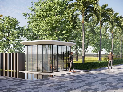 Modern Entrance Gate With Glass Structure Lush Green Trees And Paved Pathway 3d model