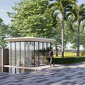 Modern Entrance Gate With Glass Structure Lush Green Trees And Paved Pathway