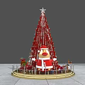 Red Christmas Tree With Star Santa Claus Figure Reindeer Gifts And Golden Railing