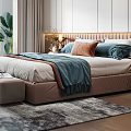 Elegant Modern Bedroom Interior With Chandelier Bed Blue Chair Rug And Wooden Floor