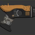 Futuristic Pistol Weapon With Golden Top Black Body Gray Grip Wrap And Textured Design