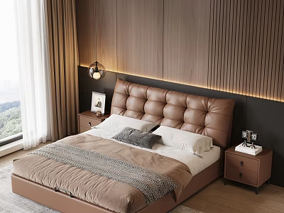 Modern Brown Tufted Headboard Double Bed With Wooden Accent Wall And LED Strip Lighting 3d model