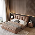 Modern Brown Tufted Headboard Double Bed With Wooden Accent Wall And LED Strip Lighting