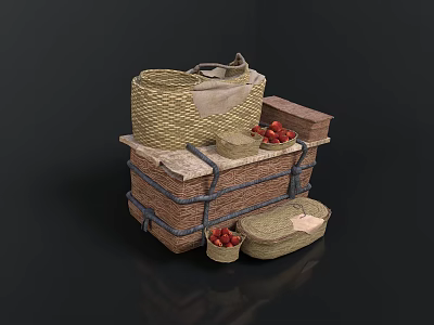 Rustic Storage Scene With Woven Baskets Wooden Crate Cloth And Strawberries 3d model