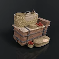Rustic Storage Scene With Woven Baskets Wooden Crate Cloth And Strawberries