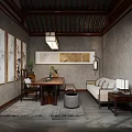 Traditional Chinese Teahouse Interior With Wooden Beams Tea Shelves Green Plants And Round Decor