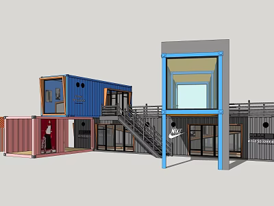 Multi Colored Modular Container Building With Stacked Structure Glass Facade And Staircase 3d model