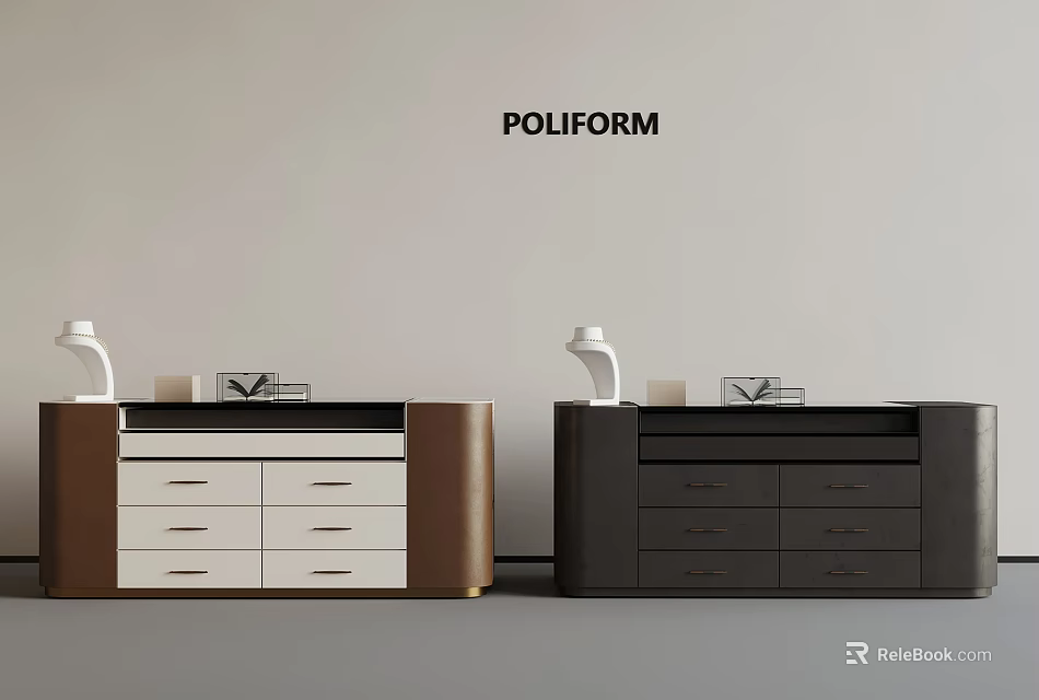 POLIFORM Modern Elegant Dressers In Brown White Dark Gray With Table Lamps And Decorative Items 3d model 