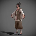 3D Model Of Ancient Costume Character Wearing Traditional Robe Topknot Hairstyle And Baggy Pants