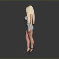 Blonde woman in light blue strapless top short skirt black high heels on gray background