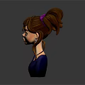 Cartoon Girl With Brown Curly Hair Purple Hairband And Blue Top Playing With Fluffy White Kitten