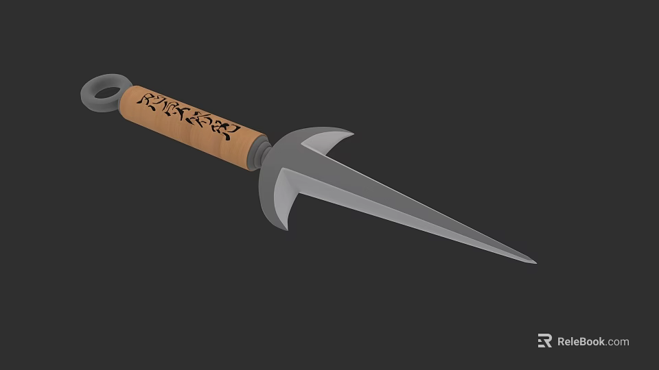 Carved Wooden Handle Tactical Weapon With Sharp Metal Blade And Ring 3d model