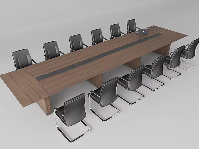 Wooden Conference Table With Black Chairs Metal Legs And Laptop On Top 3d model