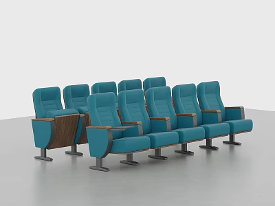 Modern Blue Seats With Wooden Armrests Arranged In Multiple Cinema Rows 3d model