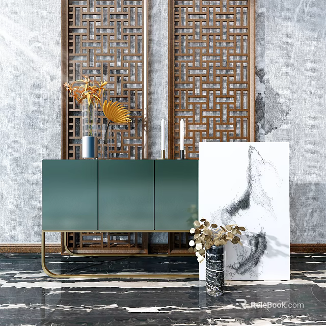 Elegant Console Cabinet Interior With Green Finish Gold Frame Carved Screens Decorative Painting 3d model 