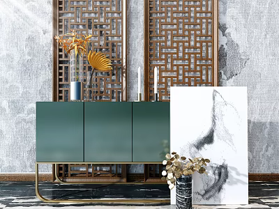 Elegant Console Cabinet Interior With Green Finish Gold Frame Carved Screens Decorative Painting 3d model