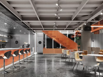 Modern Cafe Interior Design With Bar Counter Staircase Ceiling Structure And Tables Chairs 3d model