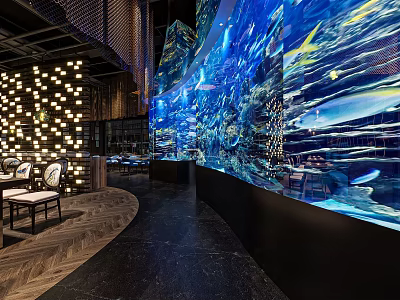 Elegant Restaurant Interior Featuring Large Blue Aquarium Wall And Modern Dining Seating 3d model