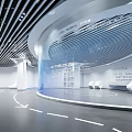 Modern Exhibition Hall Interior With Curved Wall Design Display Cabinets White Seats And Floor Arrows