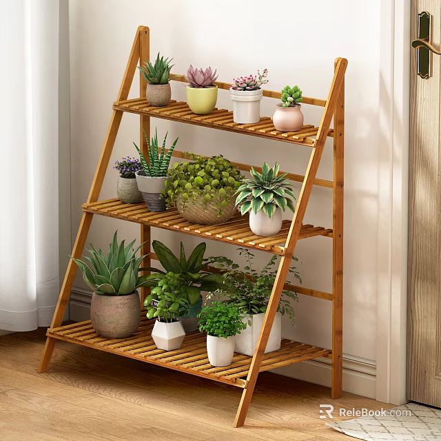 Bamboo Three Tiered Plant Stand with Potted Succulents for Indoor Home Decor 3d model 