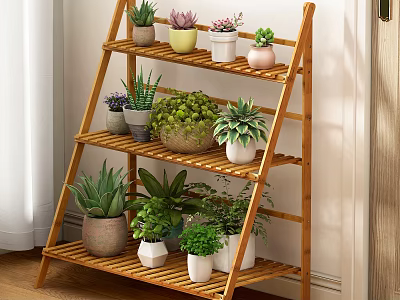 Bamboo Three Tiered Plant Stand with Potted Succulents for Indoor Home Decor 3d model