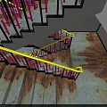Modern Staircase Design With Yellow And Pink Railings On Wooden Floor