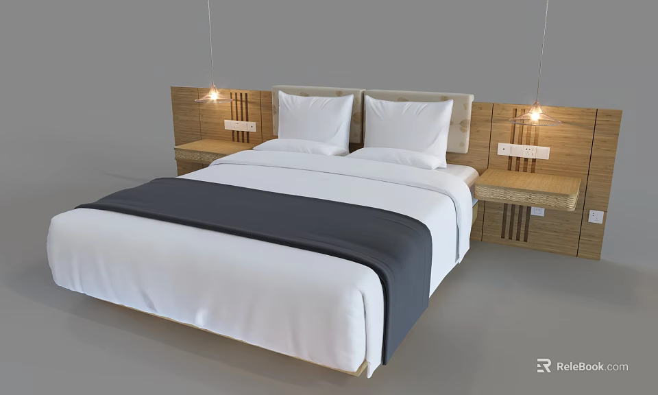 Modern Double Bed With Wooden Headboard Bedside Tables White Bedding And Hanging Lights 3d model 