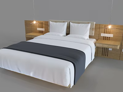 Modern Double Bed With Wooden Headboard Bedside Tables White Bedding And Hanging Lights 3d model