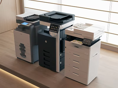 HP Multifunctional Office Appliances Black And White Devices On Wooden Desk Near Window 3d model