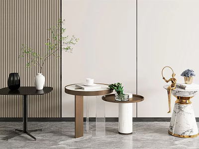 Modern Side Tables With Various Designs Glass Metal Wood Bases And Decorative Plants 3d model