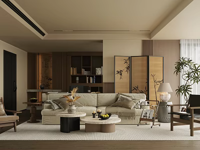 Japanese Style Living Room With Beige Sofa Wooden Screen Coffee Table And Green Plants 3d model