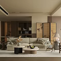 Japanese Style Living Room With Beige Sofa Wooden Screen Coffee Table And Green Plants