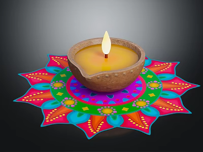 Decorative Wooden Table Featuring Traditional Oil Lamp And Vibrant Rangoli Patterns 3d model