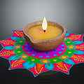 Decorative Wooden Table Featuring Traditional Oil Lamp And Vibrant Rangoli Patterns