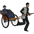 Classic Rickshaw Puller Carrying Passenger With Traditional Attire And Wooden Cart