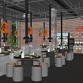 Modern Industrial Restaurant Interior With Red Brick Walls Hanging Lanterns And Metal Barrel Stools