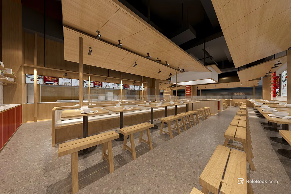 Modern Restaurant Interior With Wooden Benches Open Counter And Spacious Layout 3d model 