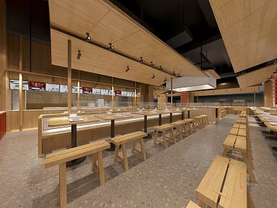 Modern Restaurant Interior With Wooden Benches Open Counter And Spacious Layout 3d model