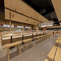 Modern Restaurant Interior With Wooden Benches Open Counter And Spacious Layout
