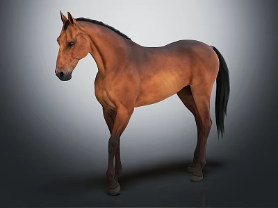 Brown Horse Standing On Gray Background With Muscular Body And Shiny Coat 3d model