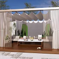 White Pergola with Curved Canopy Green Plants and Wooden Floor in Outdoor Lounge