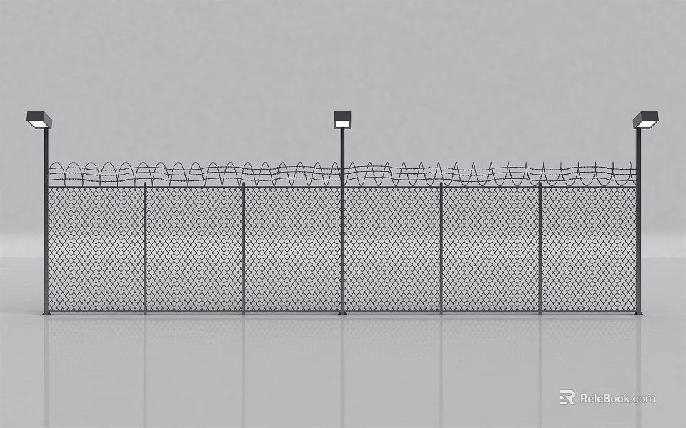 Building Exterior Wall With Security Fence Barbed Wire And Light Pole Design 3d model